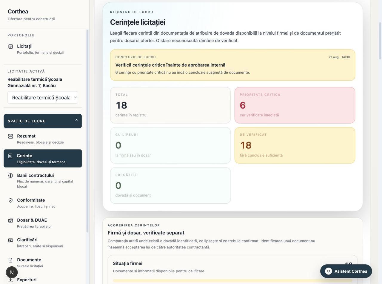 Corthea requirement register showing 18 requirements, 6 critical, 0 confirmed