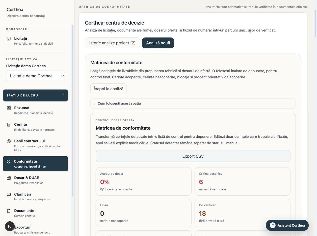 Corthea compliance matrix with coverage percentage and open critical items